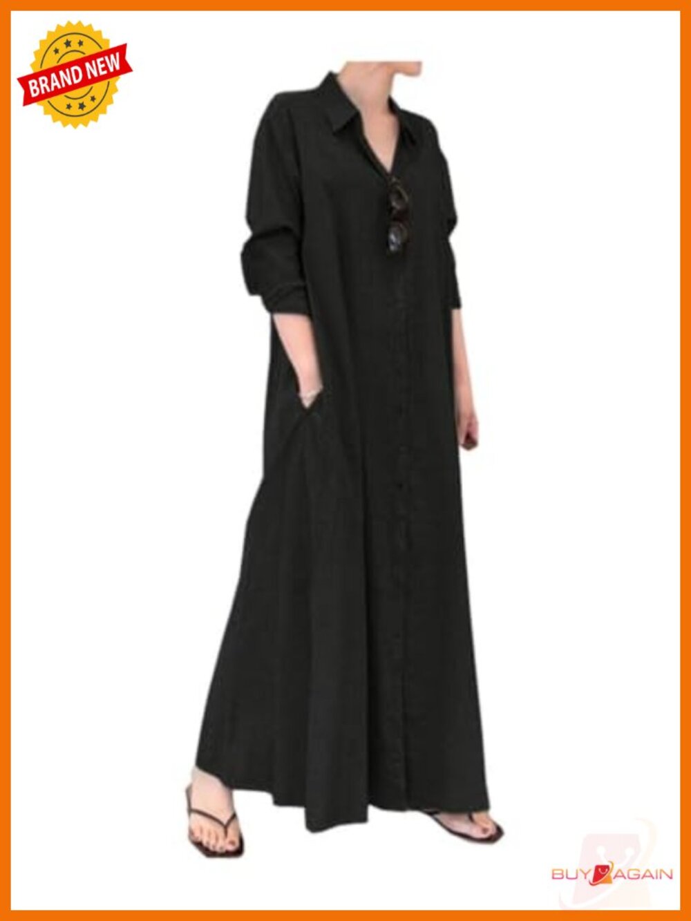 Women's Cotton Linen Maxi Shirt Dress Long Sleeve Button Down Casual Beach